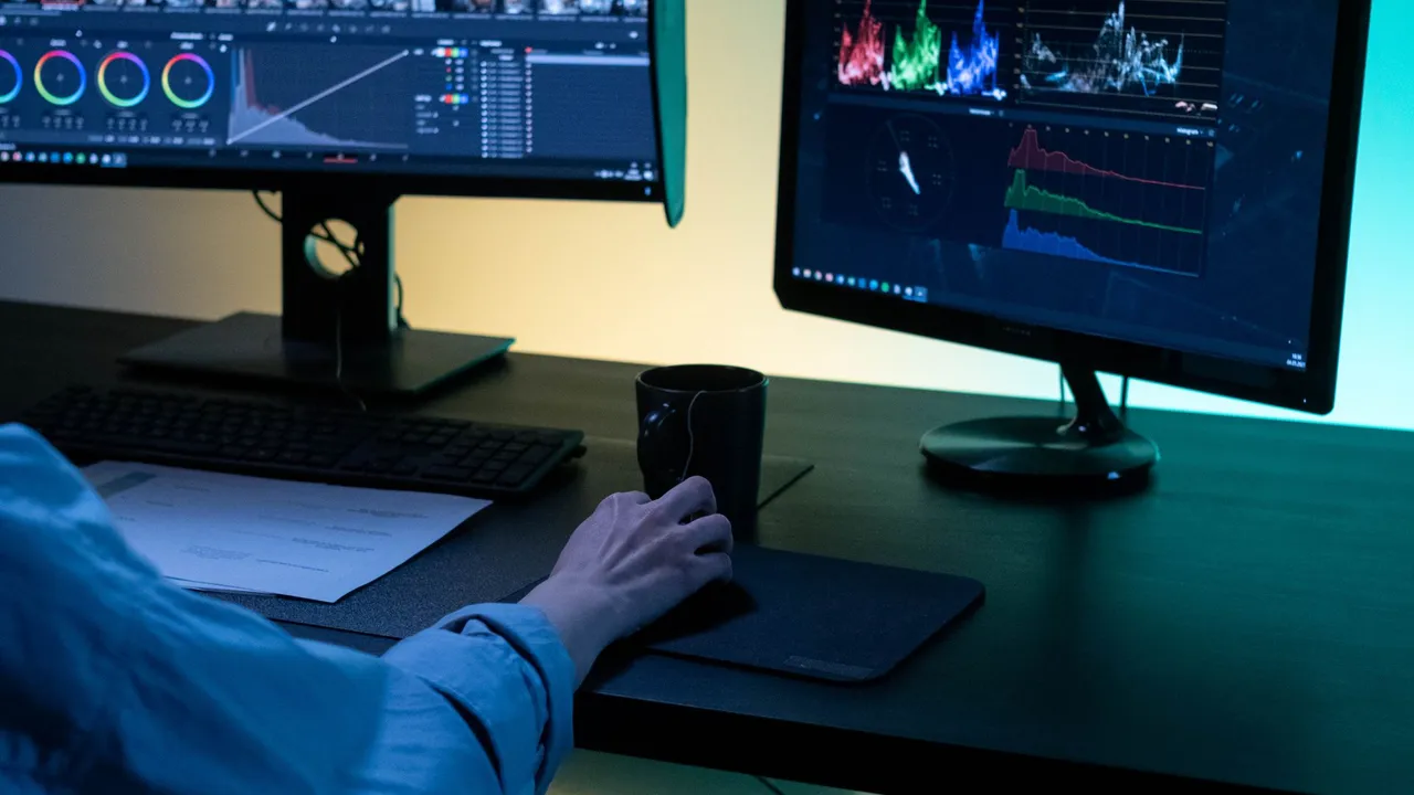A desk with underwater photos open in editing software, comparing a blue original with a color-corrected version