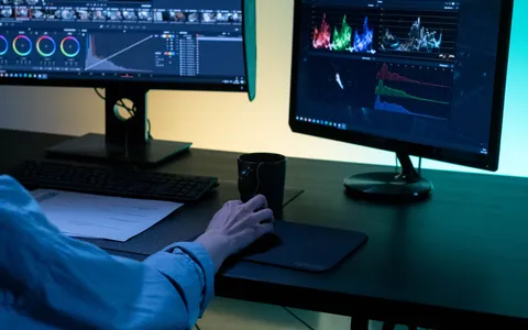 A desk with underwater photos open in editing software, comparing a blue original with a color-corrected version