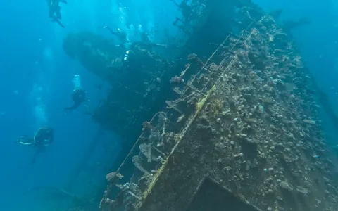 A diver exploring the hull of a sunken WWII shipwreck at Coron, Palawan