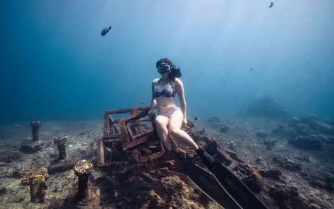 The coral-encrusted hull of the USAT Liberty wreck on the black-sand slope at Tulamben, Bali