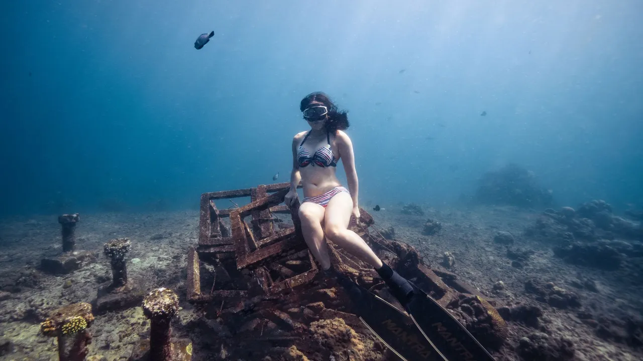 The coral-encrusted hull of the USAT Liberty wreck on the black-sand slope at Tulamben, Bali